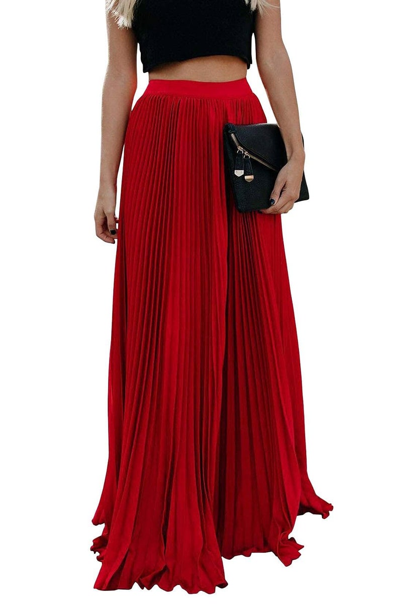 ebossy Women's High Waist Flowy Pleated Chiffon Maxi Skirt (X-Large, Red) - Image 1